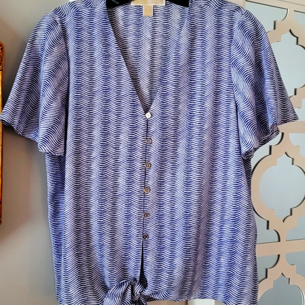 Michael Kors Blue/White, Gold button, V-neck, Tie Front Top, S